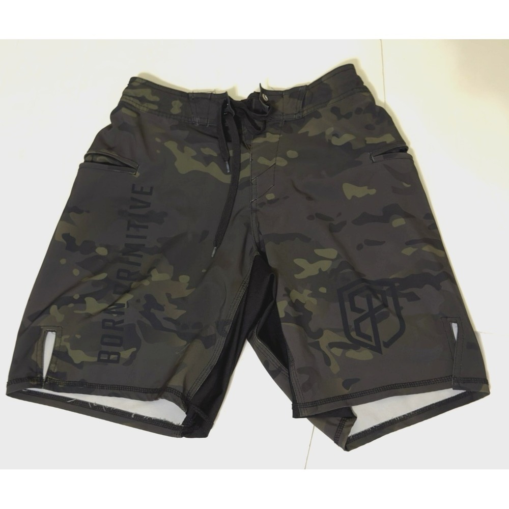 Born Primitive 27/28 Drawstring Board Shorts Stretch Camo Zip Pockets Men